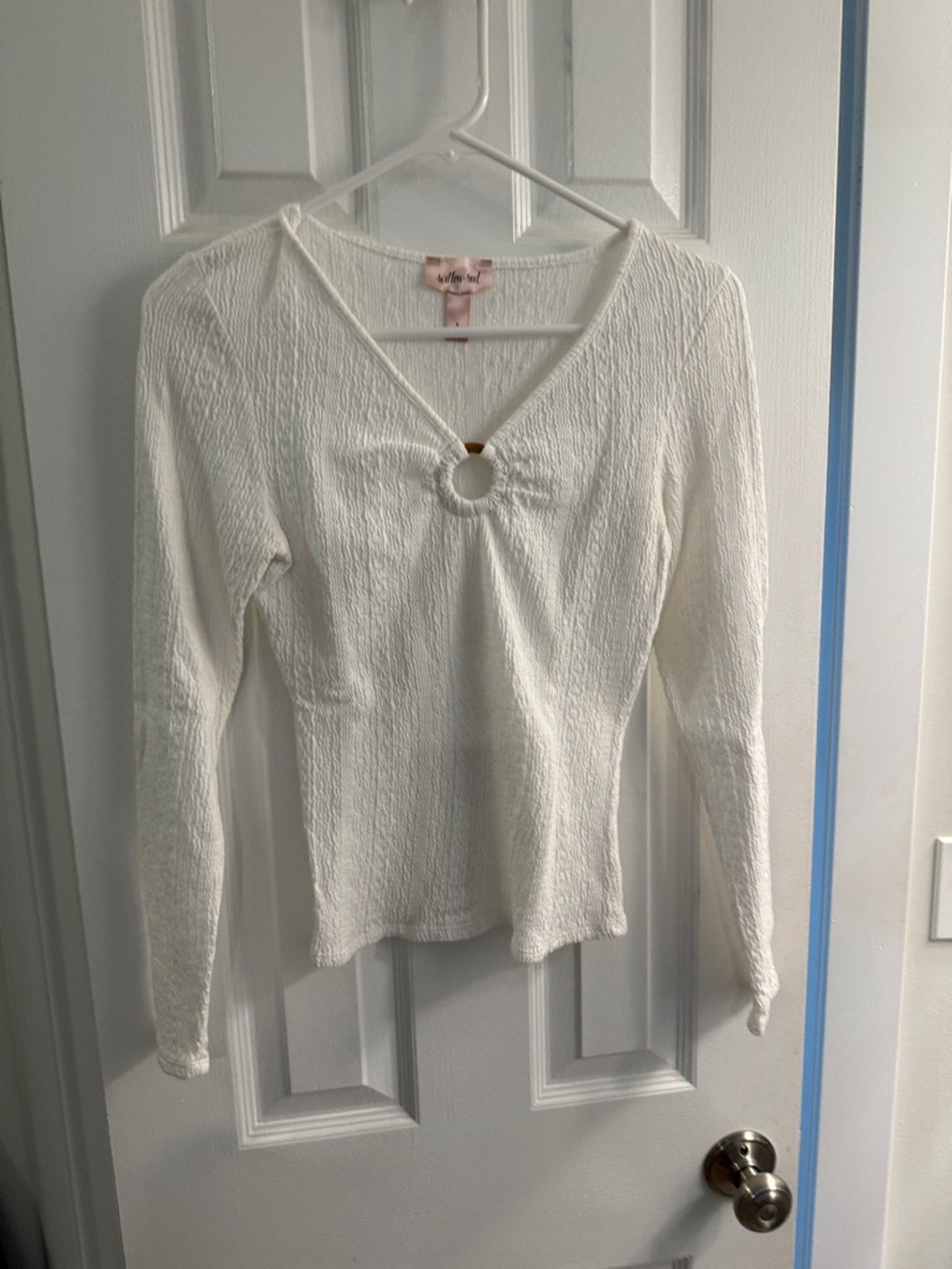 White Long-Sleeve Textured Top with Front Ring Detail